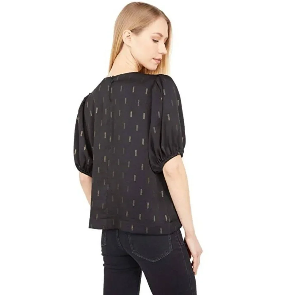 Madewell Black/Gold Metallic Jacquard Puff-Sleeve Blouse Excellent!! XS